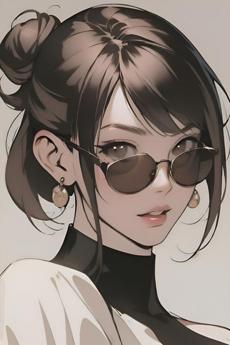 1girl, solo, looking at viewer, short hair, bangs, simple background, jewelry, sidelocks, earrings, parted lips, glasses, hair bun, lips, single hair bun, sunglasses, portrait, round eyewear, tinted eyewear,stylemidjurney,1 gril,1 girl