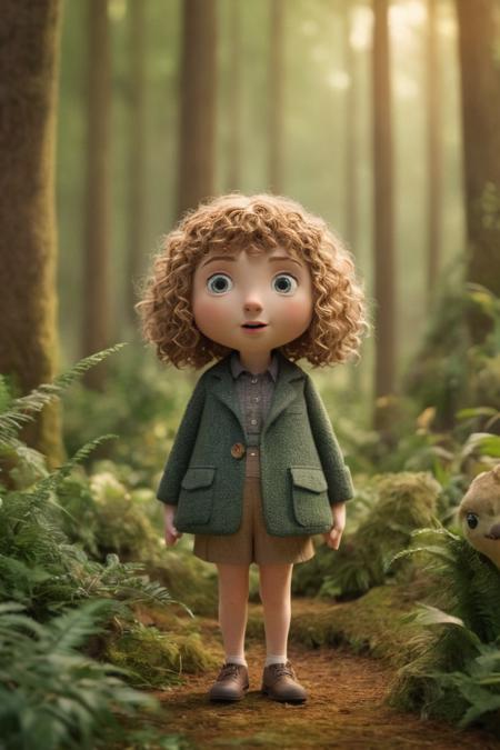 high-quality 3D character of a tiny 3D claymation Taylor Swift whimsical character, realistic hair and tweed clothes, a whimsical character standing amidst lush greenery, (whimsical forest creatures:2), golden hour, which provides a sense of scale and makes the character appear as if he belongs to a miniature world. The backdrop is softly blurred, with bokeh effects that suggest a forest or garden setting.
