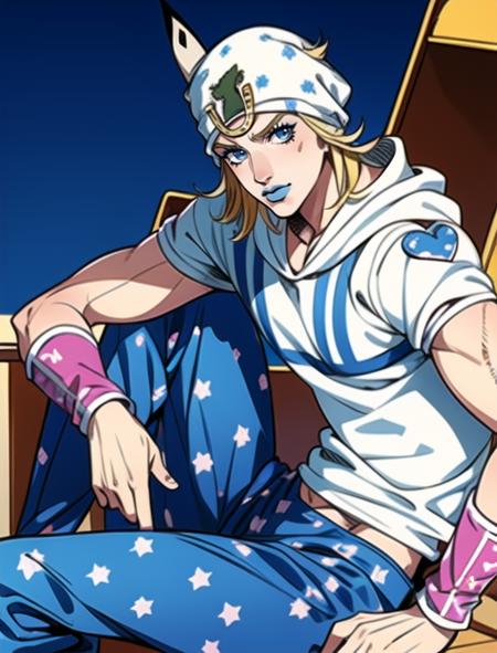 <lora:add_detail:0.54>perfect face, strong nose, western, Johnny Joestar, araki hirohiko (style), amazing anatomy, masterpiece, best quality, 1boy,  johnnyjojo, blonde hair, hat, blue lipstick, official artstyle, male, male focus, manga, hoodie, sitting, pants,  young:0.98,  <lora:johnnyanyver:0.96>