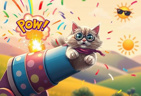 score_9, score_8_up, score_7_up, rei-kun-style, masterpiece, best quality, - **Subject:** Close-up of a cat being hilariously launched from a whimsical cannon  
- **Cat:** A fluffy, wide-eyed feline with its fur hilariously puffed up, mid-flight, wearing a tiny aviator scarf and goggles  
- **Cannon:** A comically oversized, colorful cannon adorned with polka dots and streamers, with a cartoonish "POW!" cloud bursting from the muzzle  
- **Energy:** Sparkling confetti, rainbow-colored streaks, and exaggerated swirls of smoke spiraling outward in a playful explosion  
- **Background:** Lighthearted, blurred cartoon landscape with rolling hills, silly clouds, and a sun wearing sunglasses  
- **Lighting:** Bright and cheerful, with vibrant rainbow hues highlighting the cat and sparkling confetti  
- **Atmosphere:** Whimsical, absurd, and full of slapstick humor  
- **Mood:** Playful, silly, and guaranteed to make you laugh  
- **Style:** Cartoonish with exaggerated expressions, bold outlines, and vibrant, cheerful colors