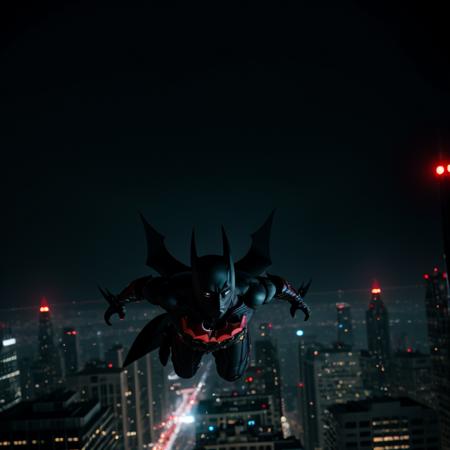 cinematic film still of  <lora:Batman Beyond SD1.5:1.2>
Batman Beyond a batman flying over a city at night, shallow depth of field, vignette, highly detailed, high budget, bokeh, cinemascope, moody, epic, gorgeous, film grain, grainy