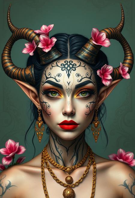 Highly stylized and fantastical portrait of a dryad with elaborate makeup and accessories. The subject has a pale complexion with intricate black and gold tree bark like facial designs, including delicate patterns around the eyes and forehead. They have striking green eyes and full lips painted a deep red. The person is adorned with large, ornate horns that curve backward, decorated with vibrant pink flowers. They also have pointed elf-like ears and wear gold jewelry, including chains and earrings. The background is a muted teal color with subtle patterns, which complements the subject's elaborate and mystical appearance.