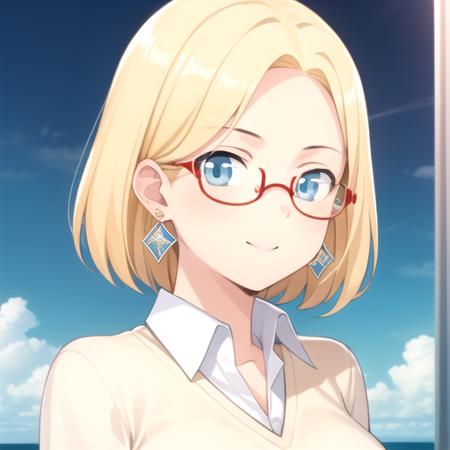 ((masterpiece)),(best quality),official art,extremely detailed CG,unity 8k wallpaper,ultra detailed,A lighthouse on a cliff by the sea,1girl,solo,upper body,(portrait:1.2),looking at viewer,claudia madobe,kind smile,blonde hair,short hair,blue eyes,glasses,semi-rimless eyewear,red-framed eyewear,jewelry,earrings,large breasts,sweater,shirt under sweater,collared shirt,white shirt,blue skirt,pleated skirt,brown boots,<lora:Claudia Madobe(win):0.8>,