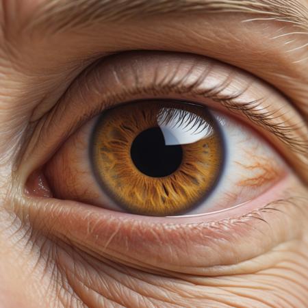 Create a hyper-realistic close-up of an elderly person's eye, capturing the intricate details of the iris, which is a deep shade of brown with flecks of gold. The fine lines and wrinkles around the eye should be vivid, telling a story of age and wisdom. The reflection in the eye could hint at a lifetime of experiences.