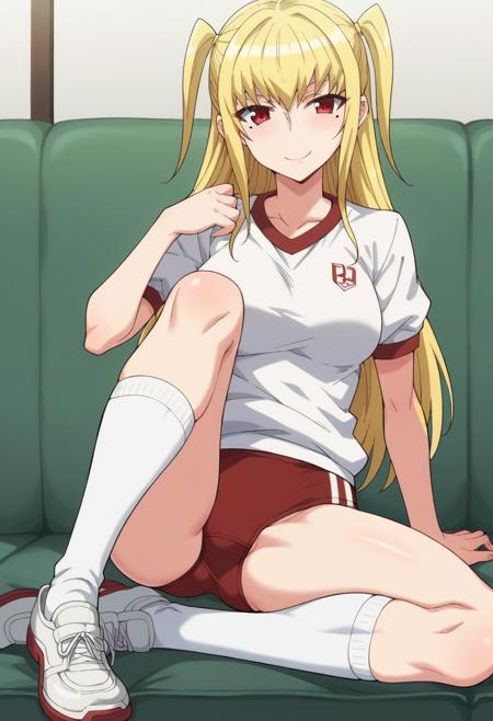 mariyah, red eyes, long hair, blonde hair, two side up, mole, mole under eye, otoko no ko,  bow, school uniform, skirt, long skirt, homurahara academy school uniform, pantyhose, black pantyhose, brown shoes,  gym uniform, buruma, red buruma, socks, kneehighs, white socks, white shoes, black dress, collarbone, hairband, lolita fashion, gothic lolita, grey skirt, long skirt, slippers,