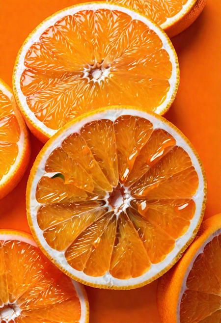 Captivating close-up shot of fresh orange slices, with a dynamic splash of vibrant orange juice adding a sense of energy and movement to the frame. The image highlights the intricate texture and deep, warm orange color of the fruit's skin, set against a vibrant orange color tone. This high-speed photograph captures the beauty of the oranges in stunning detail, showcasing the allure of fresh fruit and the artistry of food photography.
