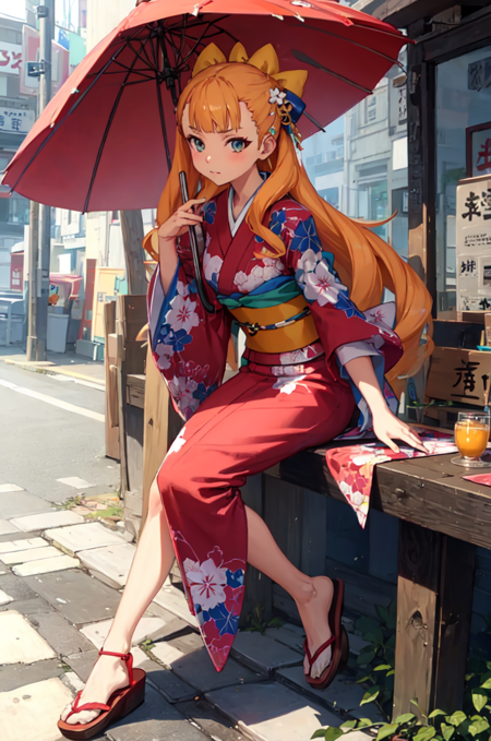 kathrinawds, solo, looking at viewer, holding, japanese clothes, kimono, leaning forward, umbrella, sandals, holding umbrella, parasol