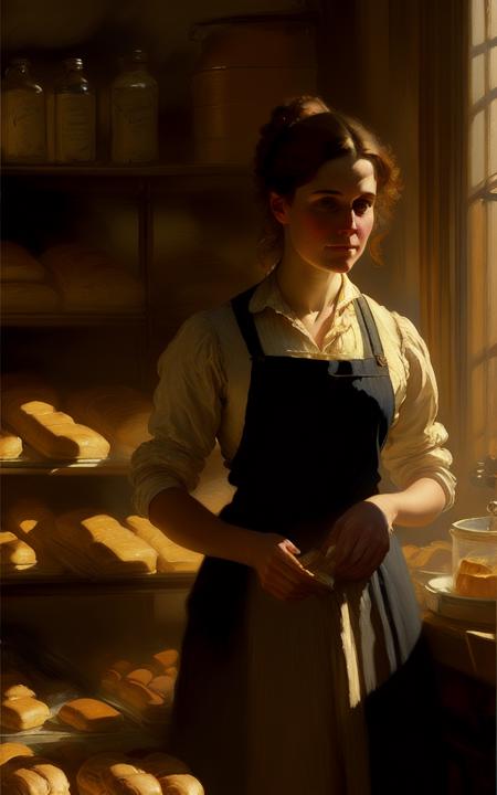 oil painting of a woman working in a victorian bakery in the style of Tom Roberts, soft sunlight