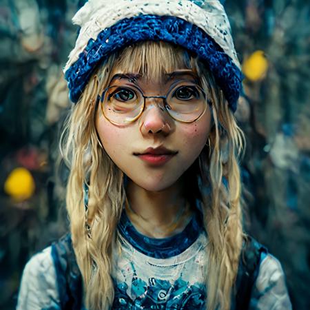 A blonde girl wearing glasses a t shirt and a blue beanie, in the style of anime art, blue and white,xiaofei yue, chromepunk, ferrania p30, social media portraiture  <lora:oldMJstyle_v1_SDXL:1> by oldmjstyle