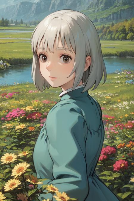 upper body, (best quality), (masterpiece), (solo), 1girl, grey hair, brown eyes, medium length hair, blue dress, grass, flowers, lake, sunny, <lora:sophie_hatter:1>