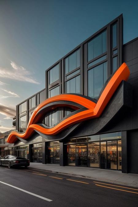 a photo of a modern shop building with the orange and black facade in organic shapes and forms in the style midjor, epic sky, <lora:theovercomer8sContrastFix_sd15:0.5>   <lora:Midjor_Style_V1:1>