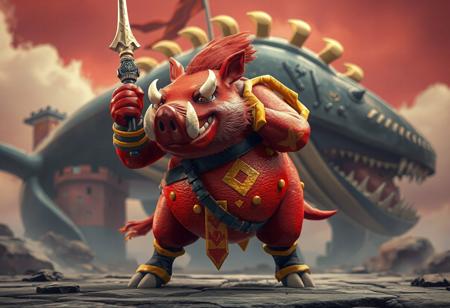 "Depict a formidable Boar Soldier in a vibrant red palette, poised for action against a Fortress Whale backdrop. The Boar Soldier's body is adorned with contrasting yellow and black accents, and it is positioned in the center of the image, with a turned head and a ready stance. should showcase exceptional quality, intricate details, harmonious colors, and a captivating lighting setup. Convey a powerful message, joyful impact, and beautiful detailed eyes, aiming for a well-timed moment, impeccable composition, and dynamic action pose. Intend for this artwork to trend on ArtStation and CGSociety, highlighting the artist's skill in handcrafted precision, sharp lines, brush strokes, and vivid emotions,4k."