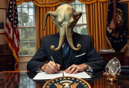 president cthulu in a sharp pin striped suit posing for presidential portrait in the oval office, real photograph, signing bill, empty eyes, lovecraftian, vote for cthulu photorealistic, correct hands, correct fingers, seal of the president of the united states, ad to vote, republican, election, decorative otherworldly crystal on desk