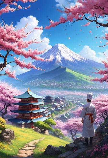 chef d'oeuvre, style anime, tranchant, pas d'humains, paysage parfait, montagnes, arbres cerisiers sakura en fleur, ruines, vibrant, coloré