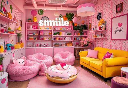 Charming and quirky interior design studio, filled with playful pastel hues and whimsical decor. Fluffy pink beanbag chairs shaped like animals, shelves brimming with colorful trinkets, and a light-up "smile" marquee sign. Walls are adorned with cartoonish murals and vibrant wallpaper featuring polka dots and stripes. A cheerful yellow couch sits next to a glass coffee table shaped like a donut, with a frosting motif. Lighting is soft and warm, creating a cozy, comedic vibe. Inspired by the styles of Wes Anderson and Chiho Aoshima for vibrant and humorous details.