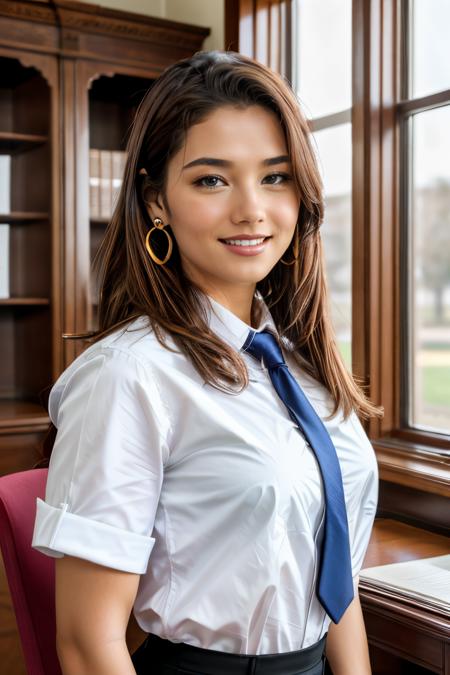 A stunning intricate full color portrait of young woman as,(university student),epic character composition,real,photoshoot,realistic,perspective,luminescent,bright colors,illusion,atmospheric scene,masterpiece,best quality,(detailed beautiful face, detail skin texture, ultra-detailed body:1.1),(white shirt, black pencil skirt), gold earrings, smile,natural breasts,triticate,elegant,face close-up, old study room,There are pink lilies in the vase., many desk and chair, <lora:ThaidollArunee_v1A:0.8>, long hair, upper body, school uniform,