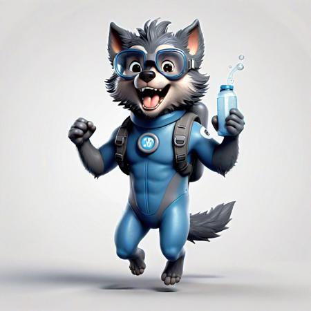 Cute and adorable baby werewolf with full body, oxygen tank and goggles, excited and happy expression, wearing wetsuit on body, expresses various movements, 2d cute, happy, fantastic, dreamy, illustration, 3d three-dimensional, centered, professional no see. Soft, modern and cool. It has graphics, line art, and a white background.