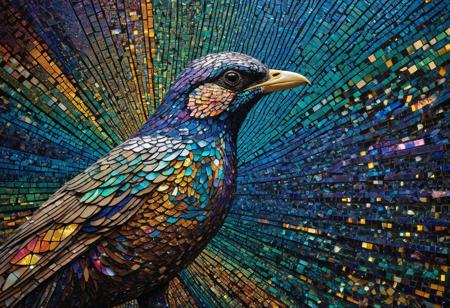 Create an intricate mosaic of a bird pieced together with vivid, holographic speckles that mimic the precision of digital interferometry