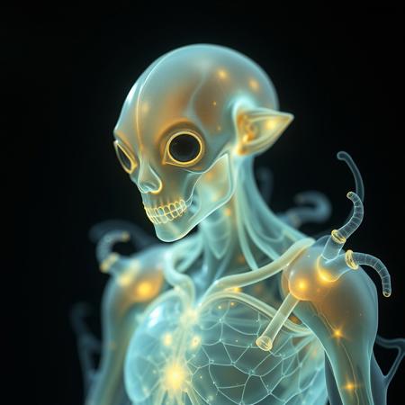 Masterpiece protozoa/humanoid, bioluminescence translucent  body, with no ears and no nose, 32k, 16k, 8k, masterpiece, cinematic art,