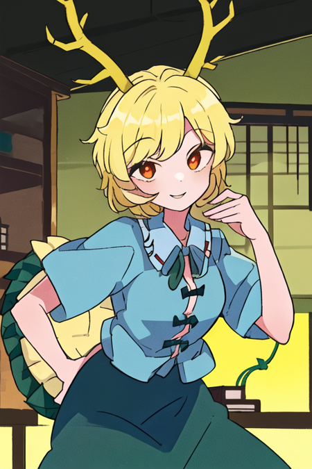 Yachie Kicchou yellow antlers light blue shirt turquoise skirt green shell green tail yellow hair red eyes
