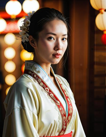 RAW full body analogue photo of a beautiful 25 years old Asian woman, clear focus, high resolution image, <lora:Ai_Lotus:0.75>, Wearing traditional chinese clothes,low light, soft natural light, Rembrandt style light, Hasselblad DLSR camera, 200mm Zeiss lens, f/2.8 ,Sexy pose, erotic pose, exhibitionism, ,((carnival))