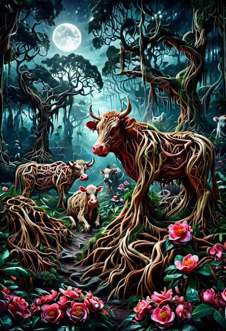 Ever Growing Connections, vibrant colors, vivid colors, cows made out of morph-treeroots, surrounded by camellias, tropical forest, moonlight, dramatic, , Masterpiece, best quality, amazing quality, volumetric lighting, SFW, exquisite detail, digital art, highly detailed, beautiful, surreal,