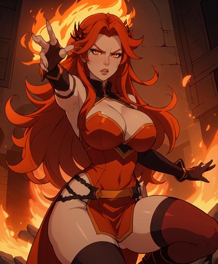 mature female, detailed, masterpiece, HDR, detailed sharp, best quality, highres, 1girl, solo, 
long_hair, orange_eyes, hair_ornament, red_dress, cleavage, thighhighs, boots, 
makeup, thick lips, lipstick, eyeshadow,   
henshin, fiery_hair, angry, outstretched hand, floating hair, fire, dynamic pose, 
backlighting, depth of field, indirect lighting, dim lighting, hand
curvy, thick thighs, narrow waist, wide hips, large breasts,