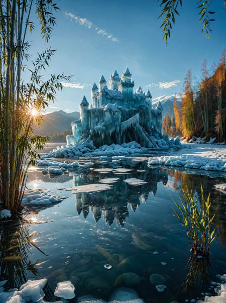 Breathtaking photography. A majestic ice castle. At midday with bright, harsh sunlight. A cluster of tall, swaying bamboo in foreground.  Large, tranquil lake reflecting the sky  in background. Award-winning, professional, highly detailed.  <lora:MJ52:0.5> <lora:RMSDXL_Darkness_Cinema:1> (HDR (High Dynamic Range), vibrant colors, high contrast, detailed, UltraHD, 8K, cinematic, 80mm, high detail)