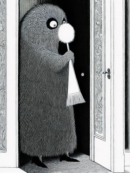 <lora:EdwardGorey:1>a black and white drawing of a monster holding a duster in front of a door by Edward Gorey