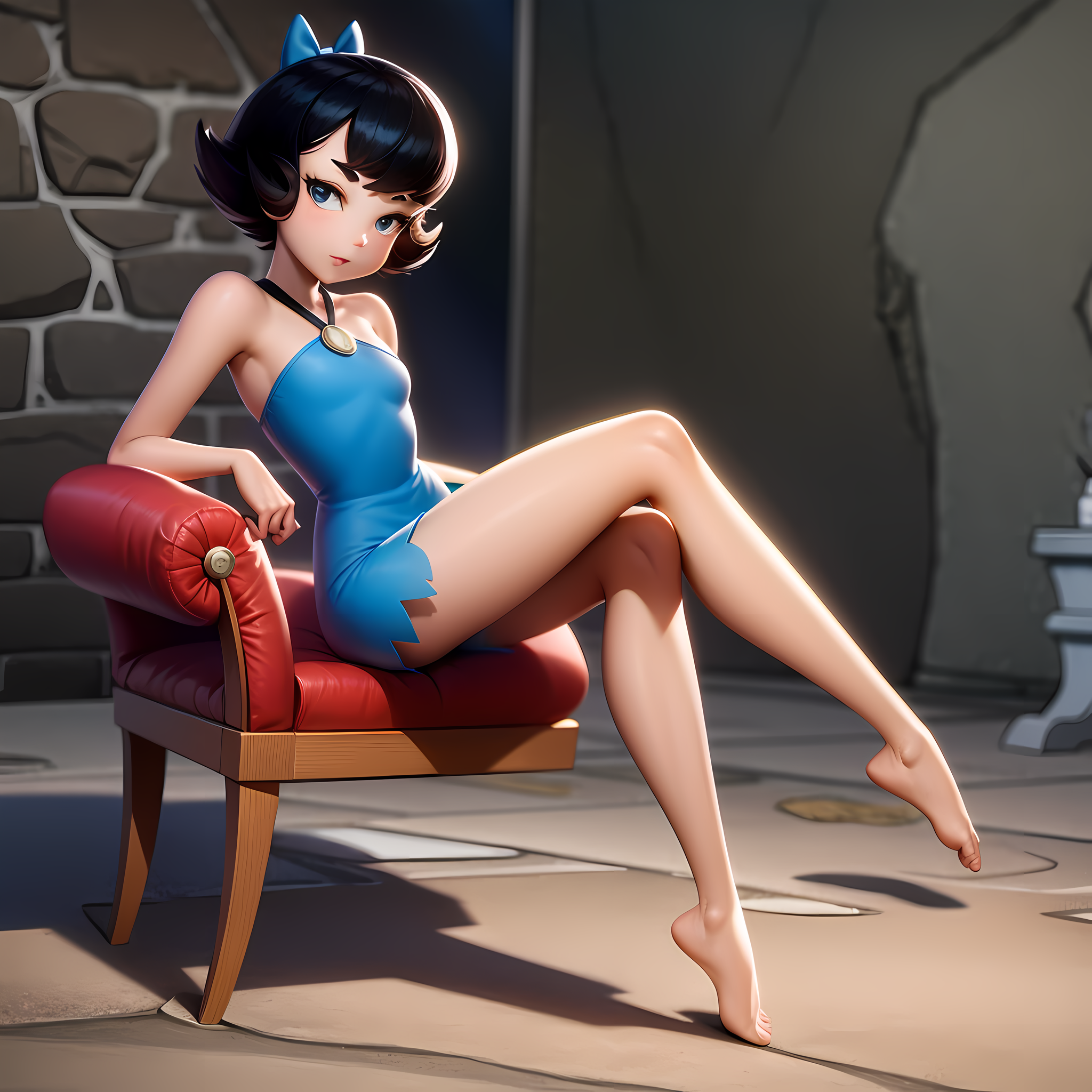 ((masterpiece, best quality)),(complex lighting) ,1girl, solo, full body, Betty Rubble, short hair, hair bow, dress,  <lor...