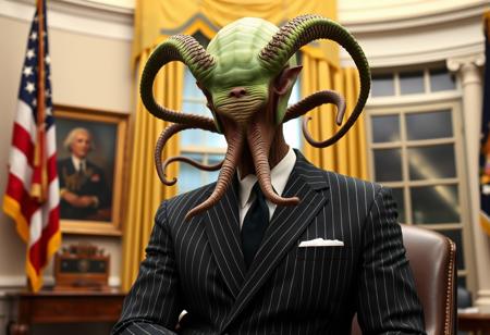 president cthulu in a sharp pin striped suit posing for presidential portrait in the oval office, real photograph