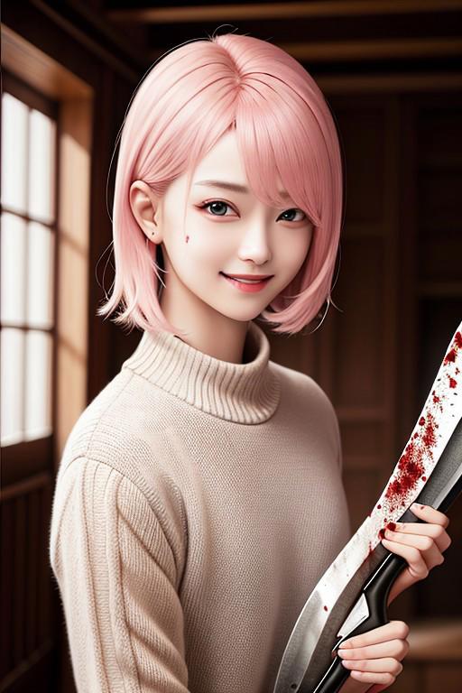 score_9, score_8_up, 1girl, solo,(beautiful girl:1.1), pink hair,(cute:1.2), looking at viewer,(carrying bloody axe:1.2), (innocent smile:1.2),(beautiful:1.2), friendly,cleavage,(innocent:1.1), realistic,bloodstain on face