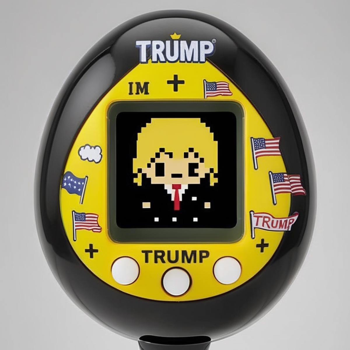 An egg-shaped, yellow virtual pet device is featured with a central screen displaying a  Trump in black. The screen is enc...