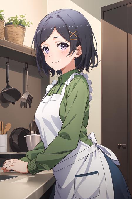 (masterpiece, best quality:1.4), looking at viewer, cowboy shot, smile, blush, komachi hikigaya, purple eyes, hair clip, x hair ornament, short hair, green shirt, apron, long sleeves, kitchen, <lora:komachi_hikigaya_v1:0.9>