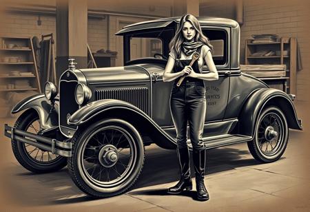 rouch charcoal drawing of a Model T Ford with a solo female greasemonkey in overalls and boots. Her long hair is held up by a scarf. She is standing holding a monkey-wrench. The setting is a 1930s garage.