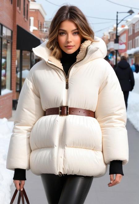 (white Oversized sherpa down coat, white Oversized sherpa puffer coat, white Oversized sherpa winter clothes, very very cold, in cold:1.5), semi-realistic, (full body:1.5), (puffer hood:1.5), (fur boots:1.5), (tight pants:1.5), (belt:1.5), sharp eyelid, eyeliner, eyelashes, beautiful detailed eyes, tsurime, short hair, blonde hair, wet hair, (wet:1.5), blue eyes, messy hair, sidelocks, perfect anatomy, (walking:1.5), (town:1.5), (street, daytime, snow, winter, cold winter, snowing:1.5), detailed background, highres, best quality, olive skin, android 18, mother, milf, solo, perfect eyes, perfect face, masterpiece, best quality, finely detailed beautiful eyes and detailed face, ultra-detailed, anextremely delicate and beautiful, intricate details, lovely lips, delicate facial features, blush, 8k_resolution, smile, hair tucking,