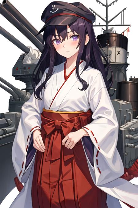 best quality, masterpiece, highres, solo, {white kimono:1.35}, {red hakama:1.35}, {wide sleeves:1.20}, {akatsuki_kantaicollection:1.15}, long_hair, serafuku, hat, anchor_symbol, purple_eyes, purple_hair, flat_cap, blush, black_hair, hair_between_eyes