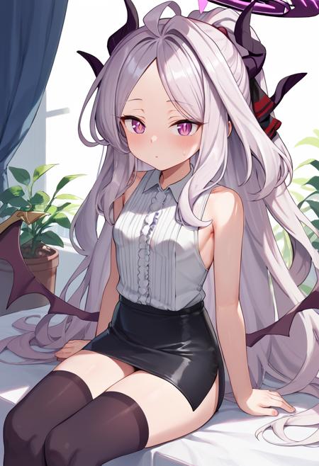 hina-dress, hina \(blue archive\),purple eyes, white hair,ponytail,(horns:1.2),hair ribbon,low wings,halo,frilled dress,elbow gloves,pantyhose,purple footwear,high heels