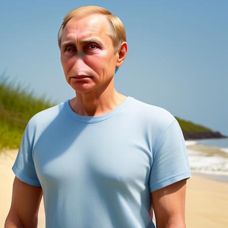 Vladimir Putin, beach<lora:nose_remover-000033:1>, t-shirt