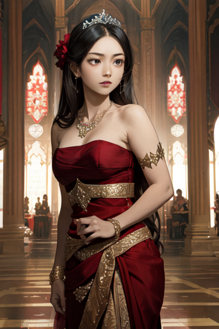 PuteriGunungLedang, 1girl, solo, long hair, black hair, hair ornament, red dress, bare shoulders, strapless, jewelry, flower, necklace, armlet, tiara
