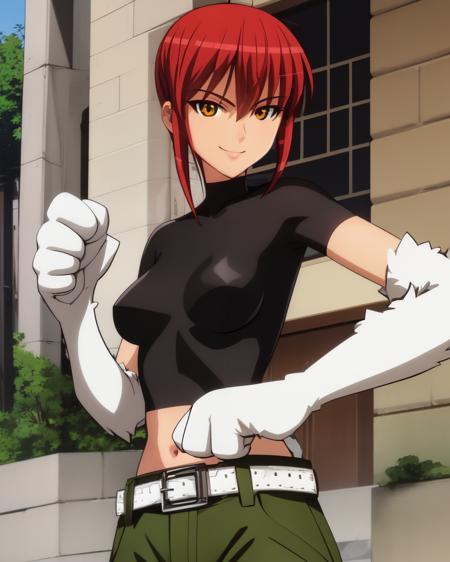 <lyco:Riza-NAI-LyCORIS:1>
1girl, solo, riza wildman, upper body , green pants, white belt, black cropped shirt, smile, animal_hands