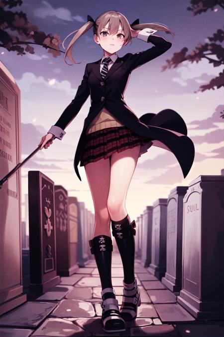 masterpiece, best_quality, 1girl, solo, maka albarn, soul eater, twintails, black coat, plaid skirt, graveyard, tombstone, night,