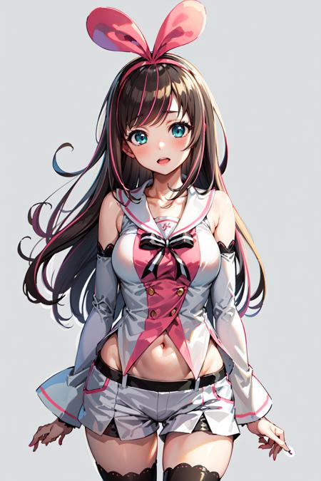 kizuna ai, a girl, cowboy shot<lyco:KitsuneAi-KizunaAi-LoCon32V1:0.8>
shorts, hairband, navel, white shorts, short shorts, sideboob, bow, collarbone, detached sleeves, sailor collar, sleeveless, standing, thighhighs, shirt, arm warmers, sleeveless shirt, nail polish, ribbon, bare shoulders