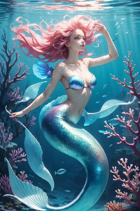 masterpiece, best quality,A vibrant iridescent  mermaid gracefully swimming through a sea of shimmering coral. glowing eyes,