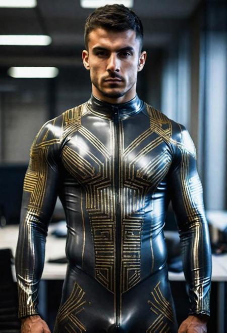 a strong 28-year-old italian bodybuilder male, with short hair, glazed face, mindless expression, wearing a skin tight dark-gray latex bodysuit with silver and gold electronics circuits patterns, standing at attention posture, inside a office, looking to the camera, Cinematic, Photoshoot, Shot on 25mm lens, Depth of Field, Tilt Blur, Shutter Speed 1/1000, F/22, White Balance, 32k, Super-Resolution, Pro Photo RGB, Half rear Lighting, Backlight, Dramatic Lighting, Incandescent, Soft Lighting, Volumetric, Conte-Jour, Global Illumination, Screen Space Global Illumination, Scattering, Shadows, Rough, Shimmering, Lumen Reflections, Screen Space Reflections, Diffraction Grading, Chromatic Aberration, GB Displacement, Scan Lines, Ambient Occlusion, Anti-Aliasing, FKAA, TXAA, RTX, SSAO, OpenGL-Shader s, Post Processing, Post-Production, Cell Shading, Tone Mapping, CGI, VFX, SFX, insanely detailed and intricate, hyper maximalist, elegant, dynamic pose, photography, volumetric, ultra-detailed, intricate details, super detailed, ambient