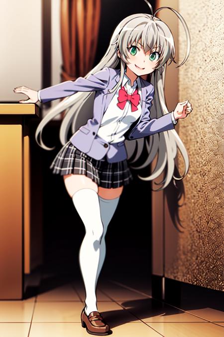 masterpiece, best quality, nyarlathotep \(nyaruko-san\), full body, standing,  school uniform, skirt, zettai ryouiki, white thighhighs, bow, ahoge, smile