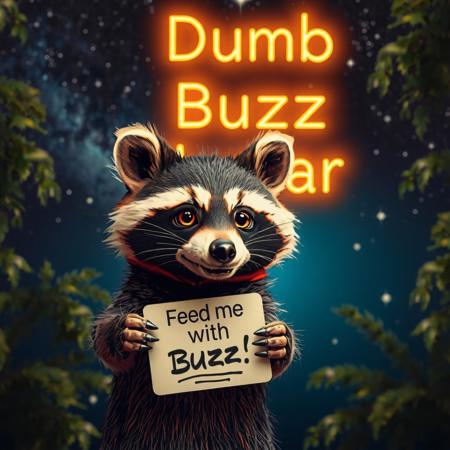 masterpiece, intricate photo realistic photo, cute racoon holding a small white sign on which is written "Feed me with Buzz!", background jungle, stars, galaxies, nebulae, in the sky is written in neon letters "Dumb Buzz Beggar", as realistic as possible, hyper realistic, highly detailed, sharp focus,dark art, gothic art, cyberpunk style, best quality, high resolution, colorful, vibrant colors, studio lighting, 8K