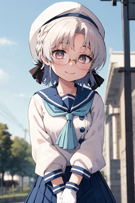 best quality, masterpiece, highly detailed, 1girl, solo, smile,
hirato, braid, glasses, hair ribbon,
school uniform, hat, blue ribbon, blue sailor collar, blue neckerchief, long sleeves, white gloves, blue skirt, pleated skirt,
outdoors,
<lora:HiratoKancolleV02-000018:1>