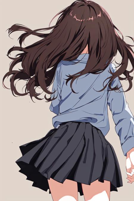 ,back view ,1girl, solo ,<lora:pytorch_lora_weights:0.8>,school uniform,shirts,skirt,thights, zettai ryouiki, ,legsflaxen brown wavy hair,wind ,looking at viewer,,<lora:back_view-v1-100:0.8>,(white background,simple background:1.1)