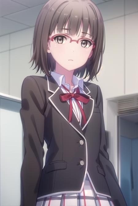 hinaebina, <lora:hina ebina s2-lora-nochekaiser:1>,
hina ebina, short hair, brown hair, black hair, (brown eyes:1.5), glasses,
BREAK skirt, ribbon, school uniform, jacket, black jacket, plaid, plaid skirt, blazer, sobu high school uniform,
BREAK indoors, classroom,
BREAK looking at viewer,
BREAK <lyco:GoodHands-beta2:1>, (masterpiece:1.2), best quality, high resolution, unity 8k wallpaper, (illustration:0.8), (beautiful detailed eyes:1.6), extremely detailed face, perfect lighting, extremely detailed CG, (perfect hands, perfect anatomy),